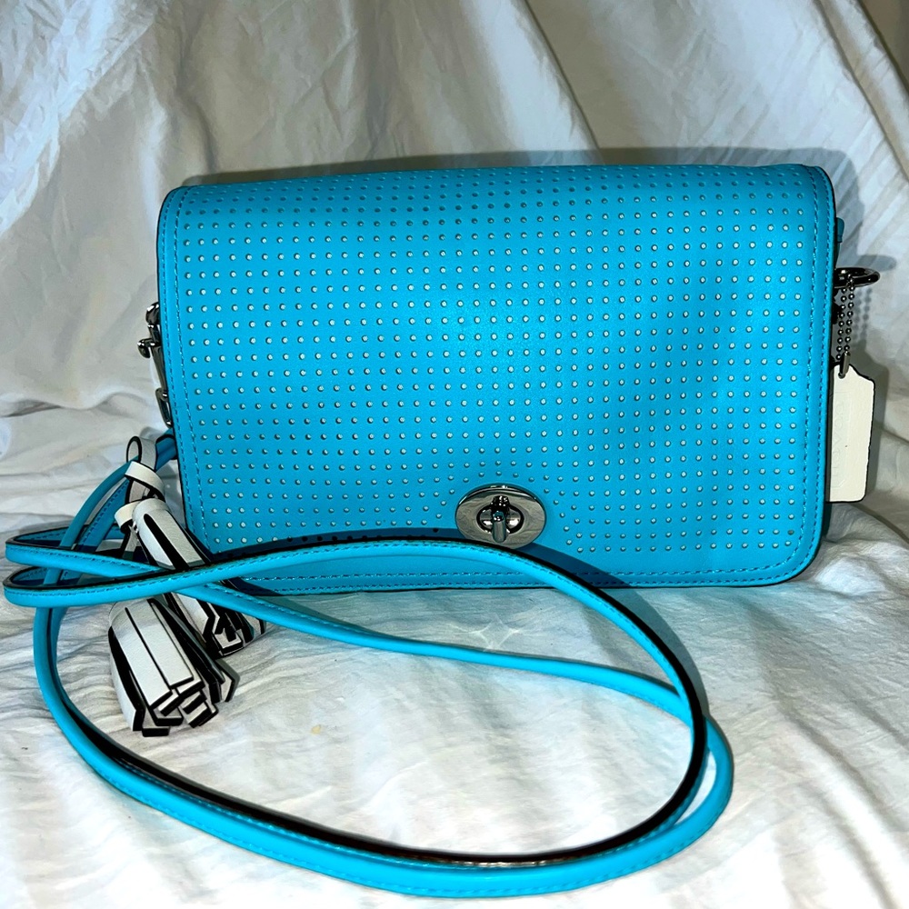 Penny Bag Coach Crossbody Leather Shoulder Bag, powder blue with white trimming.